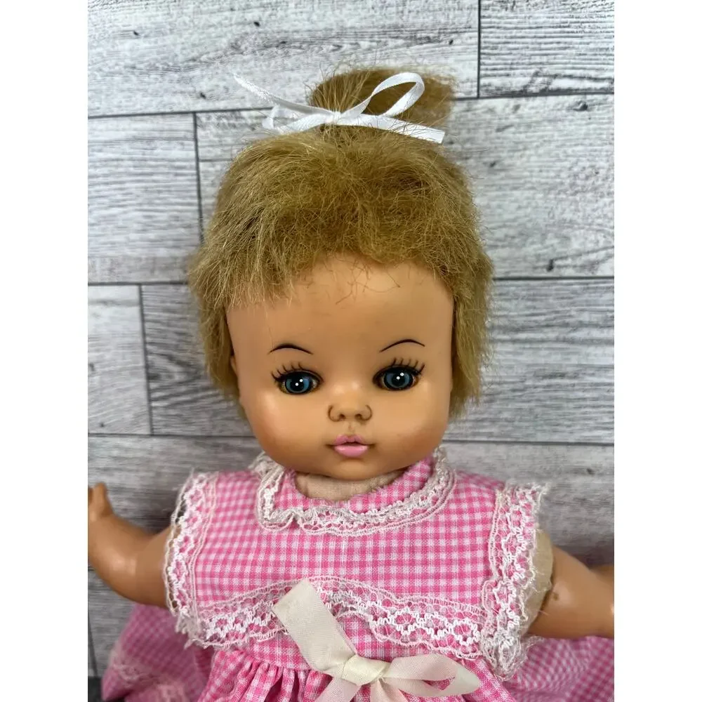 HORSMAN 1968 Vintage Baby DOLL Blonde Blue Eyes PINK Gingham Dress 10.5 Inch